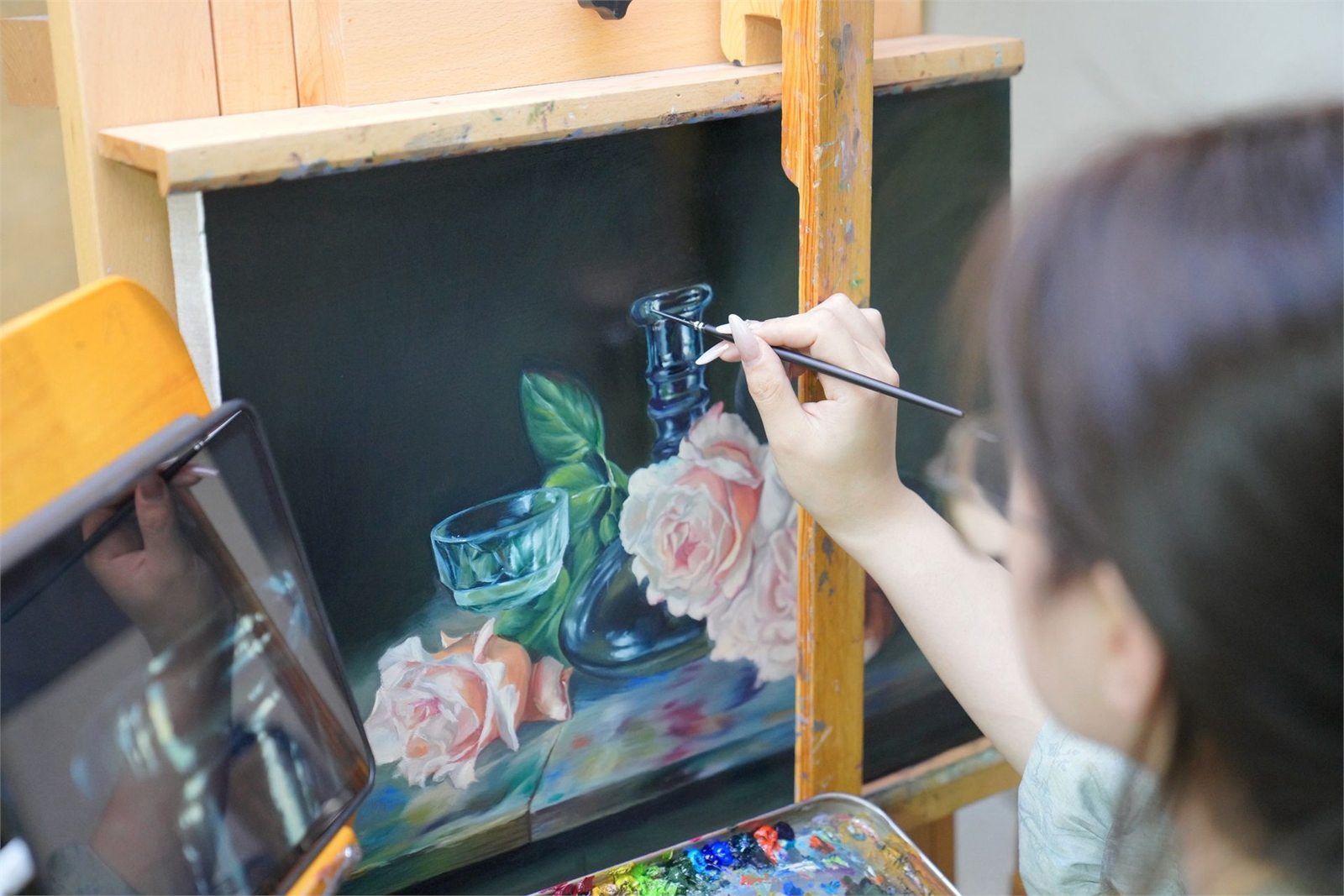 Hand-painted art series installed in a dining interior